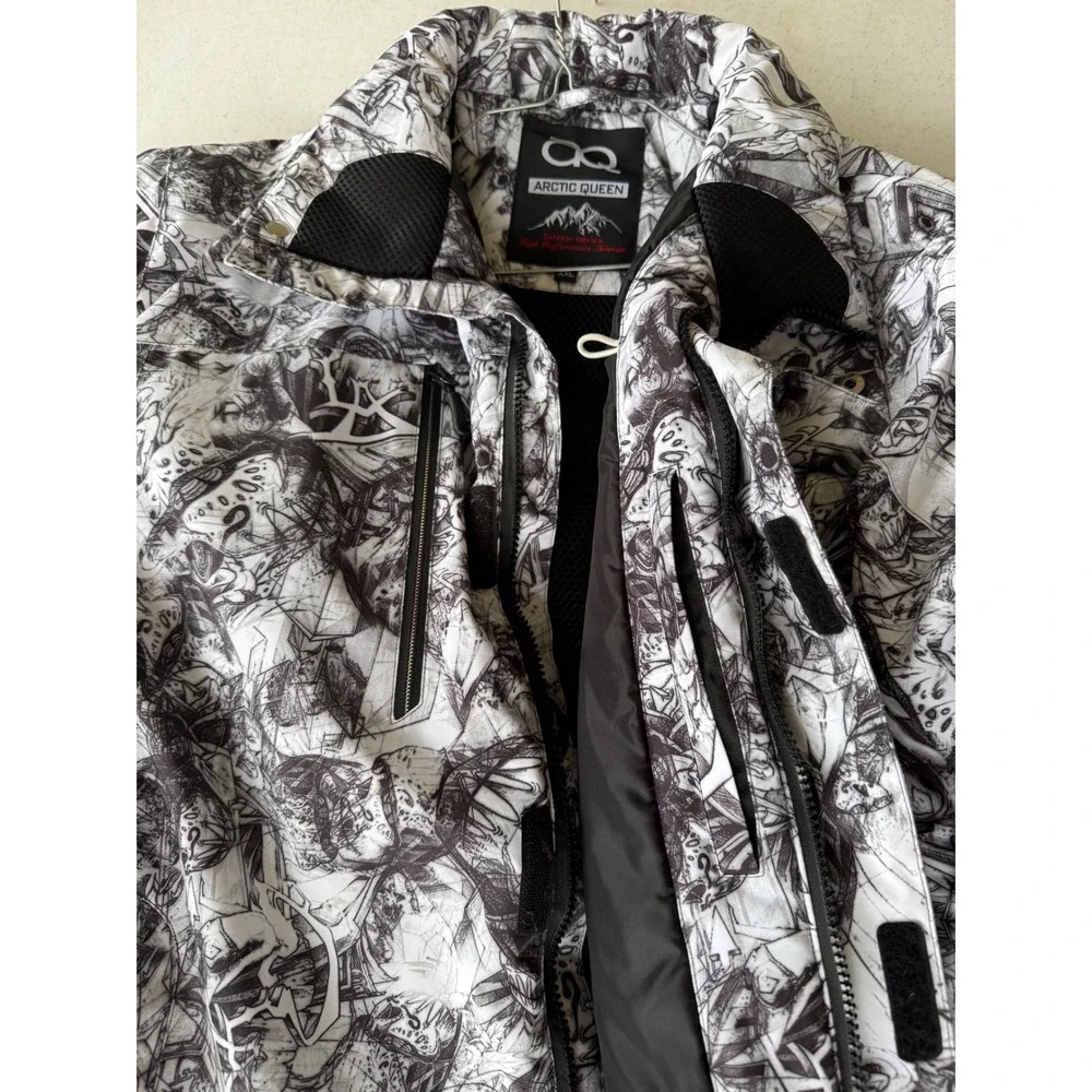 Arctic Queen‎ XXL Ski Snowboard Jacket Black White Print Outdoor Fabric - Picture 3 of 8